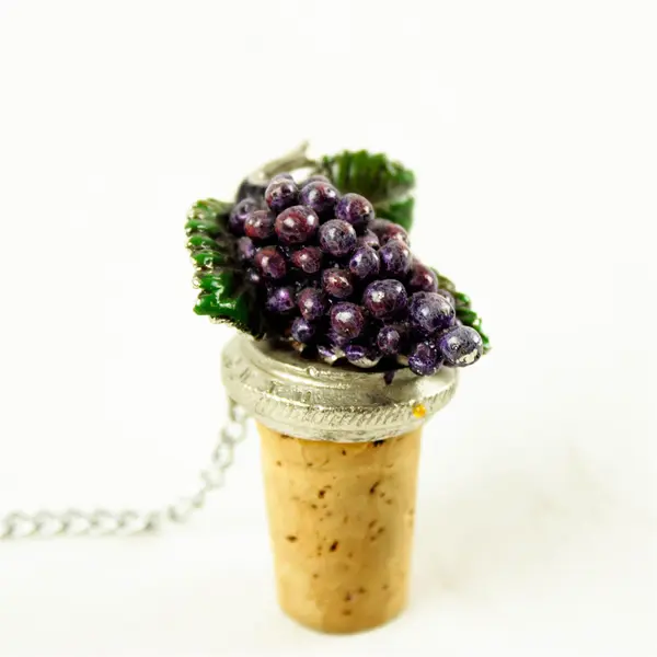Vintage silver, purple & green metal Grapes Wine Bottle Stopper with Chain