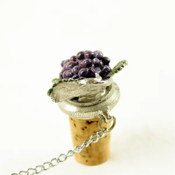 Vintage silver, purple & green metal Grapes Wine Bottle Stopper with Chain
