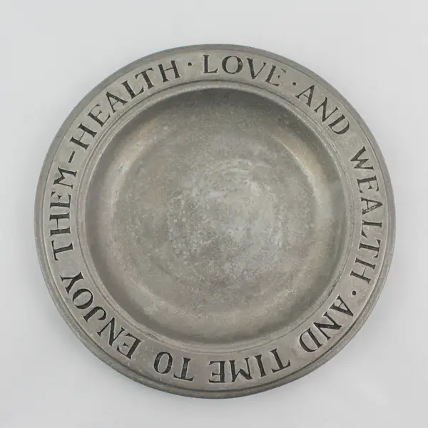 Vintage WILTON COLUMBIA 9.5" Pewter Health, Love, Wealth And Time Plate