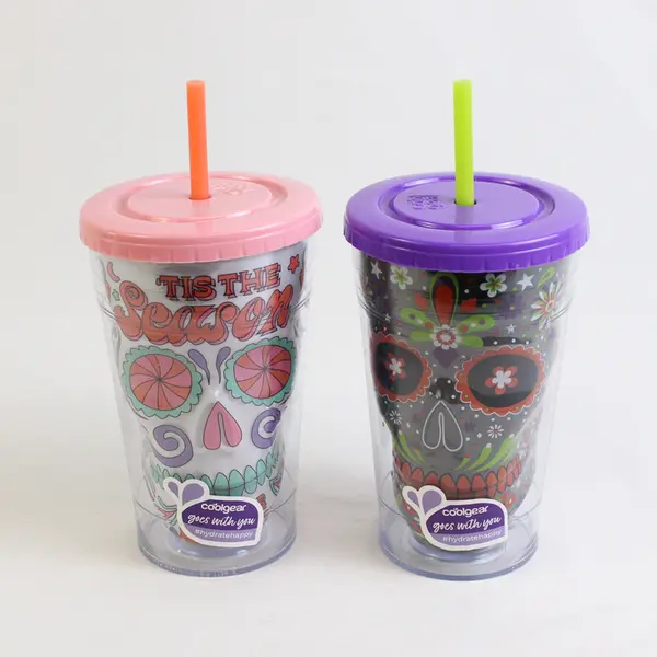 Lot of 2 Cool Gear Day Of The Dead Sugar Skull Plastic Tumblers 18 fl oz