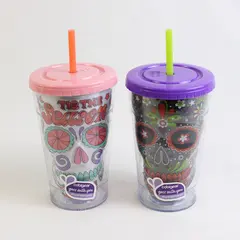 Lot of 2 Cool Gear Day Of The Dead Sugar Skull Plastic Tumblers 18 fl oz