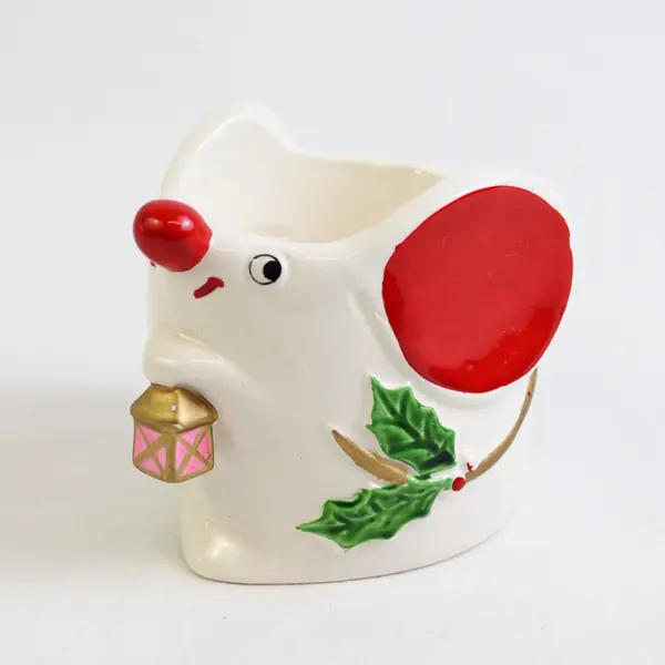 Vintage Colonial Candle Christmas Mouse Ceramic Candle Holder 3" FLAWED