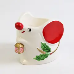 Vintage Colonial Candle Christmas Mouse Ceramic Candle Holder 3" FLAWED