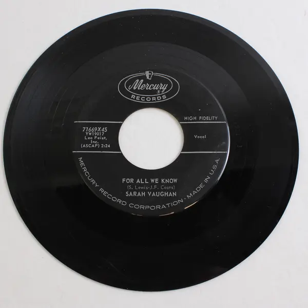 Sarah Vaughan For All We Know / Through The Years 45 rpm Mercury Record Vinyl 7"