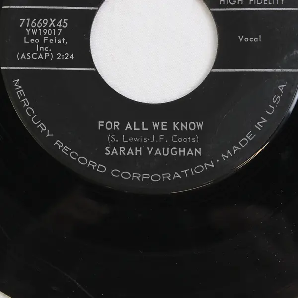 Sarah Vaughan For All We Know / Through The Years 45 rpm Mercury Record Vinyl 7"