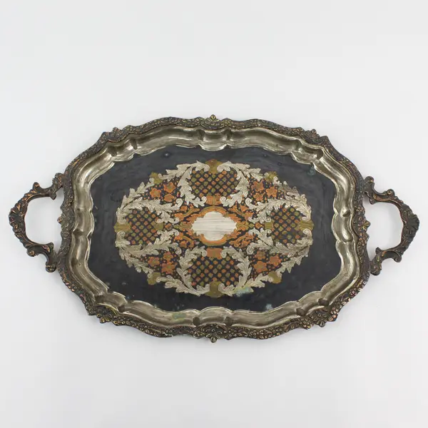 Vtg 19" Silver Plate Tray With A Silver Copper And Brass Floral And Vine pattern