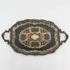 Vtg 19" Silver Plate Tray With A Silver Copper And Brass Floral And Vine pattern