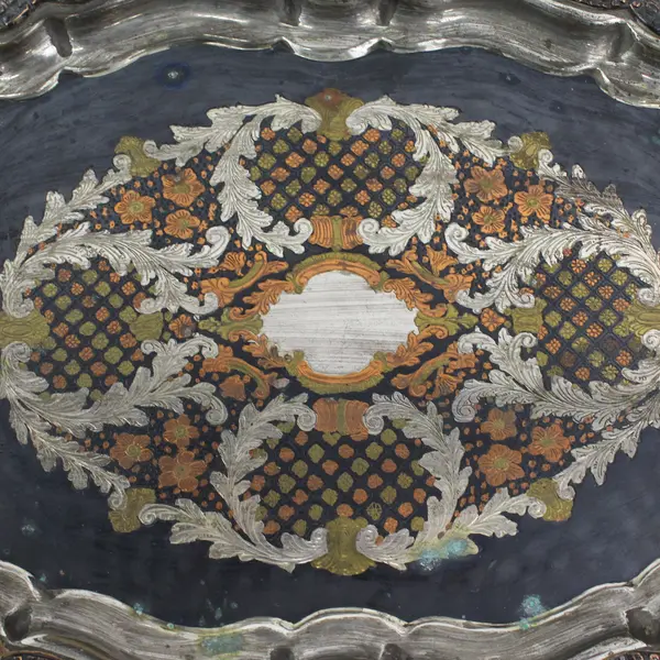 Vtg 19" Silver Plate Tray With A Silver Copper And Brass Floral And Vine pattern