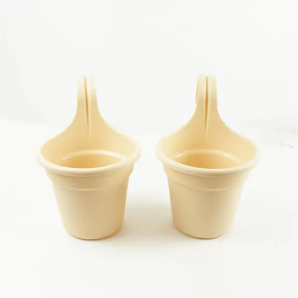 Lot of 2 Beige Hanging Planters with Looped Handle Indoor/Outdoor