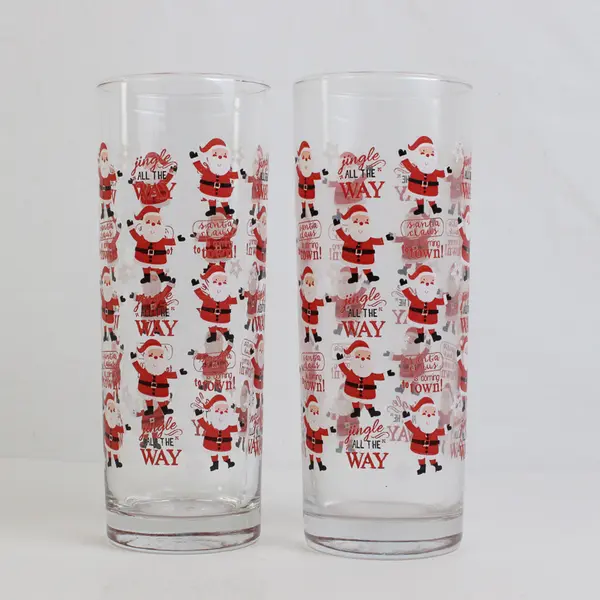Lot Of 2 Unbranded Matching Santa Claus Printed Clear Drinking Glasses 6.5" Tall
