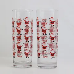 Lot Of 2 Unbranded Matching Santa Claus Printed Clear Drinking Glasses 6.5" Tall