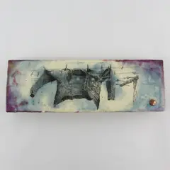 2021 Decoupage Wood Shelf Plaque Denim Jacket On A Clothesline Signed 4 x12 