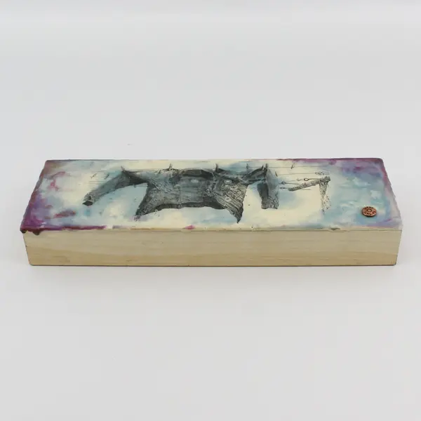 2021 Decoupage Wood Shelf Plaque Denim Jacket On A Clothesline Signed 4 x12 