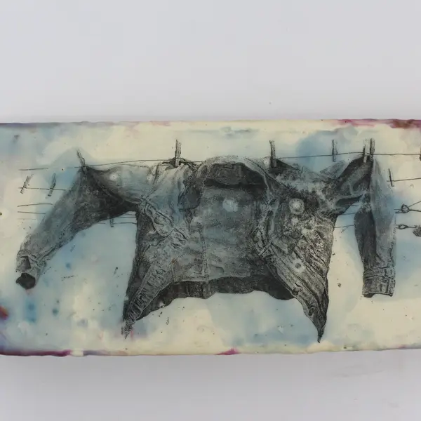 2021 Decoupage Wood Shelf Plaque Denim Jacket On A Clothesline Signed 4 x12 