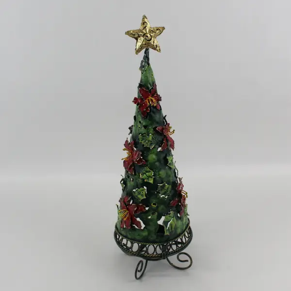 Metal Poinsettia And Holly Pattern Christmas Tree Tea Light Candle Holder