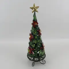 Metal Poinsettia And Holly Pattern Christmas Tree Tea Light Candle Holder