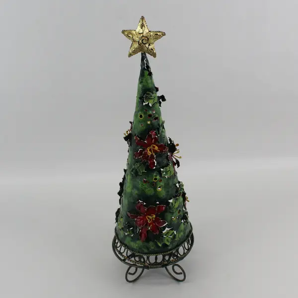 Metal Poinsettia And Holly Pattern Christmas Tree Tea Light Candle Holder