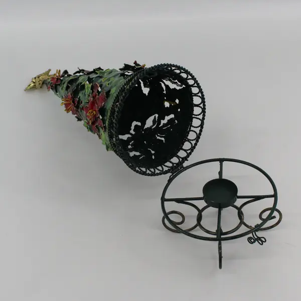 Metal Poinsettia And Holly Pattern Christmas Tree Tea Light Candle Holder