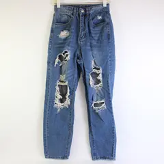 Fashion Jeans Medium Wash Ripped High-Rise Tapered-Leg Jeans Women's Size 0