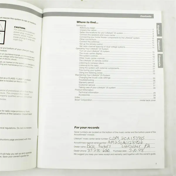 Bose Lifestyle 25 Owners Book Owner's Manual Guide