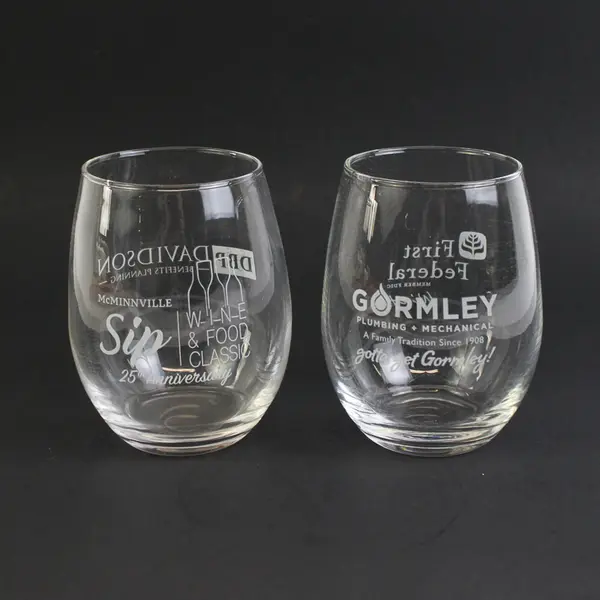 Lot of 2 Sponsor Branded Clear Stemless Wine Glasses