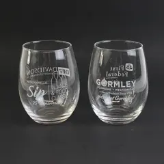 Lot of 2 Sponsor Branded Clear Stemless Wine Glasses