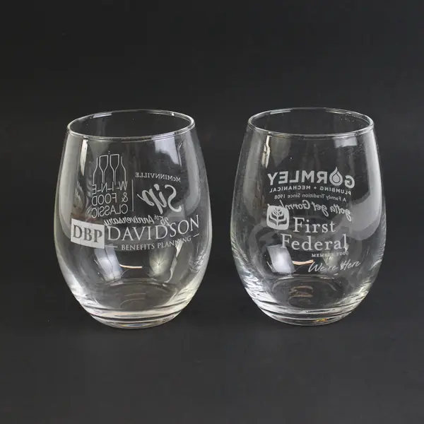 Lot of 2 Sponsor Branded Clear Stemless Wine Glasses