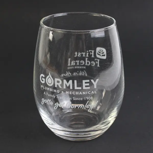 Lot of 2 Sponsor Branded Clear Stemless Wine Glasses