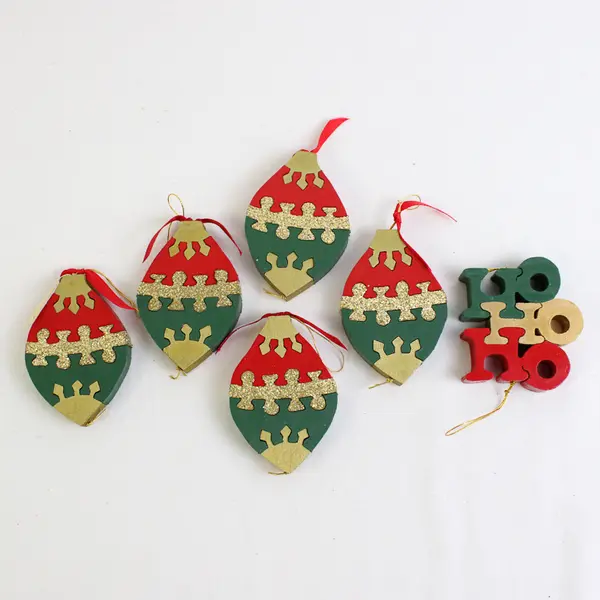 Lot of 6 Wood Red Green and Gold Puzzle Christmas Ornaments