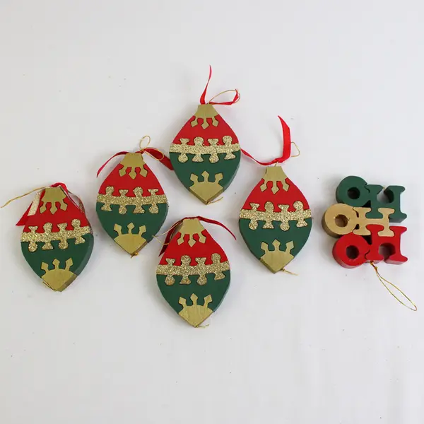 Lot of 6 Wood Red Green and Gold Puzzle Christmas Ornaments