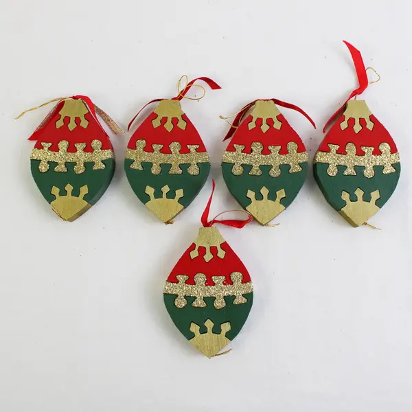 Lot of 6 Wood Red Green and Gold Puzzle Christmas Ornaments