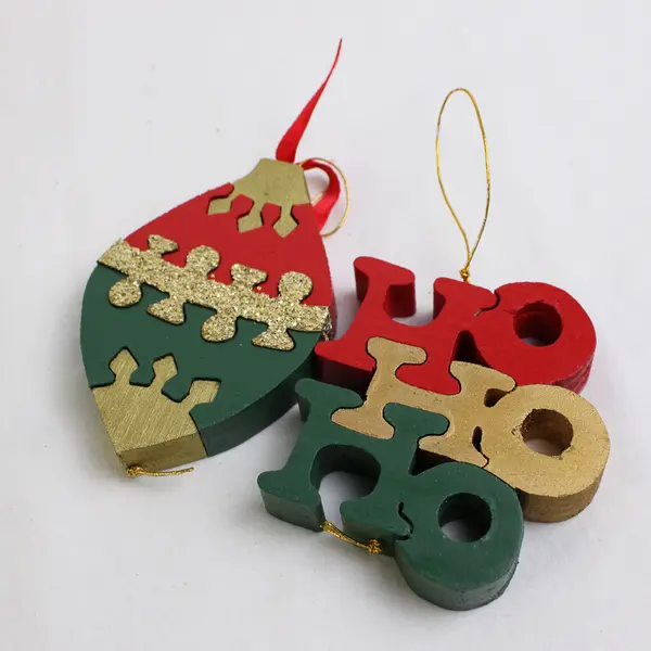 Lot of 6 Wood Red Green and Gold Puzzle Christmas Ornaments
