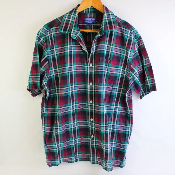 Pendleton Red Green and Blue Plaid Short-Sleeved Button-Up Men's Large