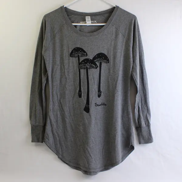 Marushka Women's S Gray Seattle WA Mushroom Graphic Long Sleeve Shirt