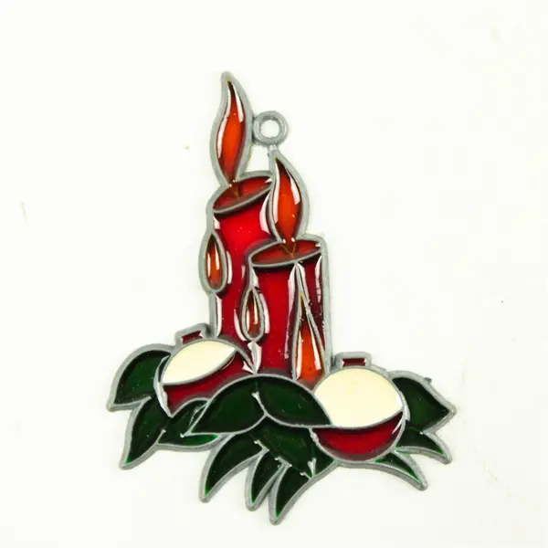 Vintage Faux Stained Glass Candle Suncatcher Christmas Ornament 4.25x3 in