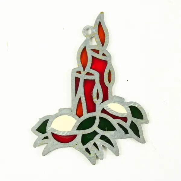 Vintage Faux Stained Glass Candle Suncatcher Christmas Ornament 4.25x3 in