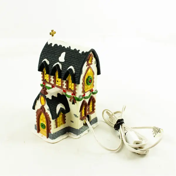 Holiday Treasures Lighted Country Church Collectible Village House 9"