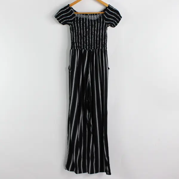 205 Collins Women's Small  B&W Striped Smocked Top Button Front Jumpsuit