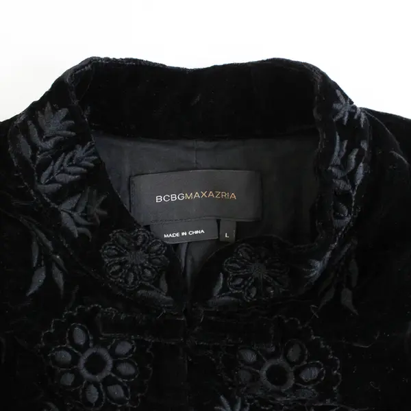 BCBG Maxazria Women's L Black Velour Embroidered Hook & Eye Dress Jacket