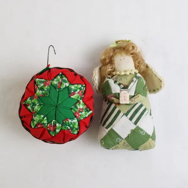 Lot of 2 Vintage Fabric Christmas Tree Ornaments One Angel and a Ball