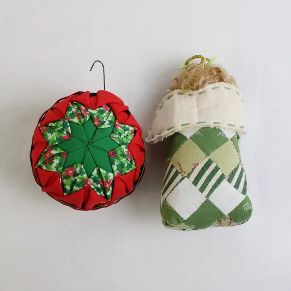 Lot of 2 Vintage Fabric Christmas Tree Ornaments One Angel and a Ball