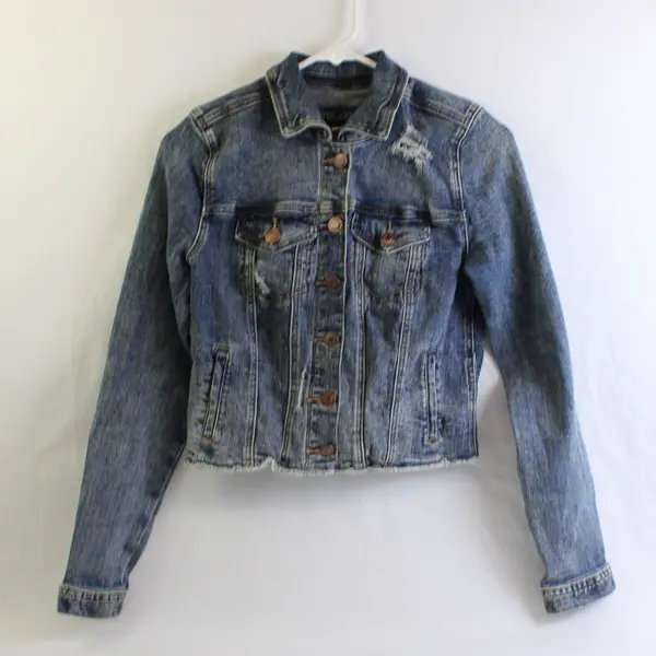 Maurices Women's XS Blue Raw Hem Distressed Button Up Long Sleeve Denim Jacket