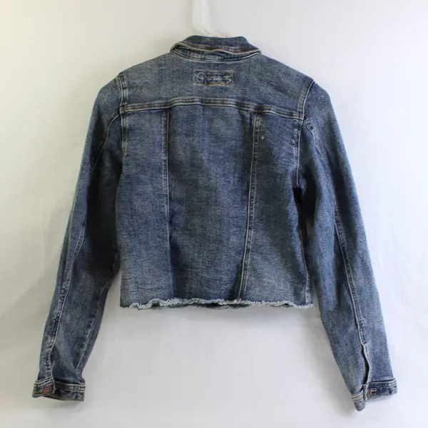 Maurices Women's XS Blue Raw Hem Distressed Button Up Long Sleeve Denim Jacket