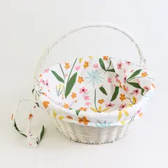 White Woven Basket with Carrying Handle 12" Round Floral Fabric Lined