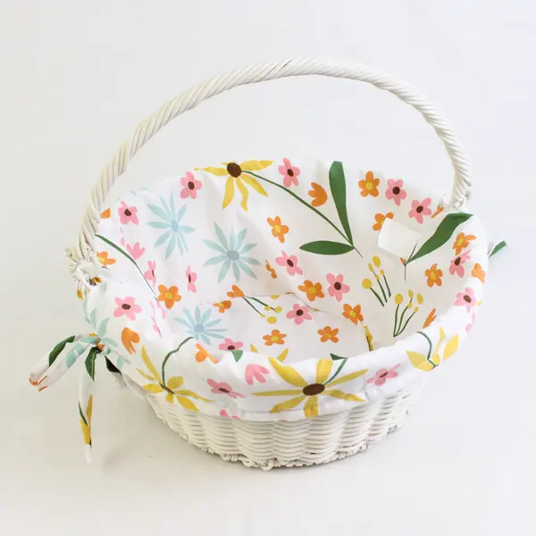 White Woven Basket with Carrying Handle 12" Round Floral Fabric Lined