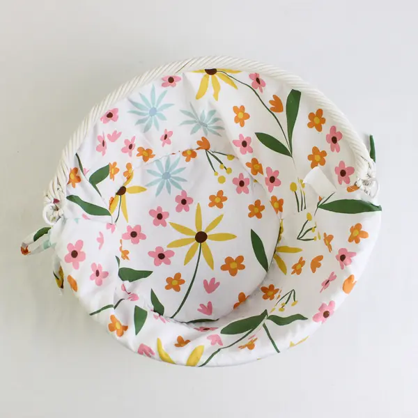 White Woven Basket with Carrying Handle 12" Round Floral Fabric Lined