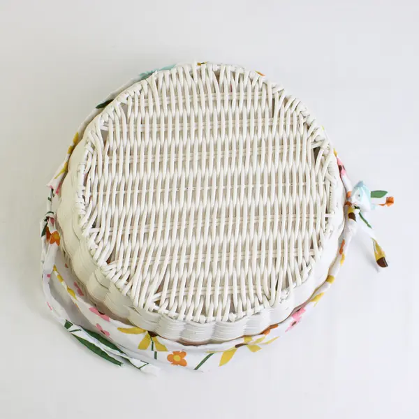 White Woven Basket with Carrying Handle 12" Round Floral Fabric Lined