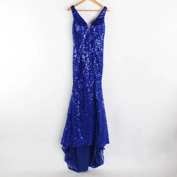 Unbranded Women's Size 2 Blue Sheath V-Neck Sequin Train Lace Prom Dress