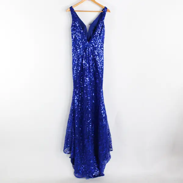 Unbranded Women's Size 2 Blue Sheath V-Neck Sequin Train Lace Prom Dress