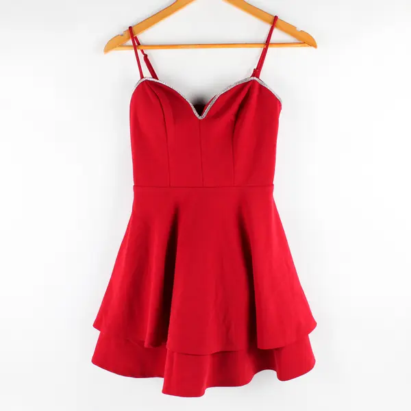 City Studio Women's 1/2 Red  Rhinestone Trim Spaghetti Strap Short Ruffled Dress